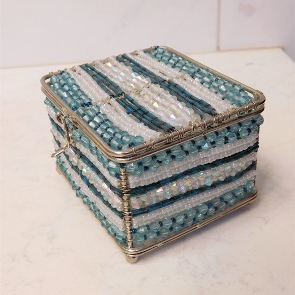 Beaded Blue and White Jewelry Box - Picture 4 of 4
